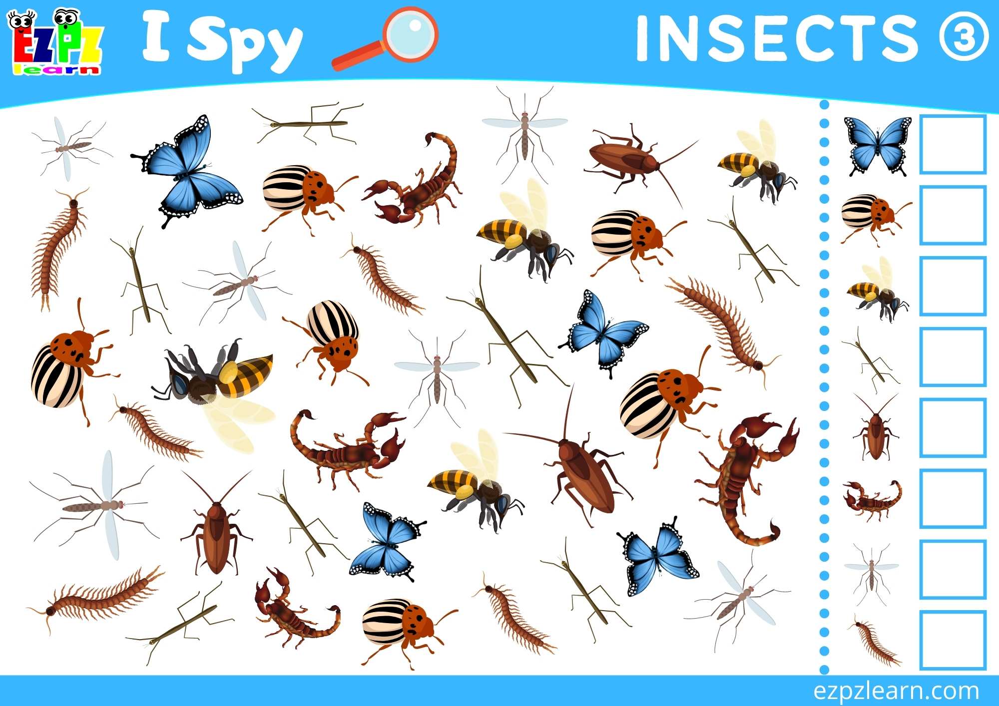 Insects 3 Topic I Spy Game for kids Free PDF Download